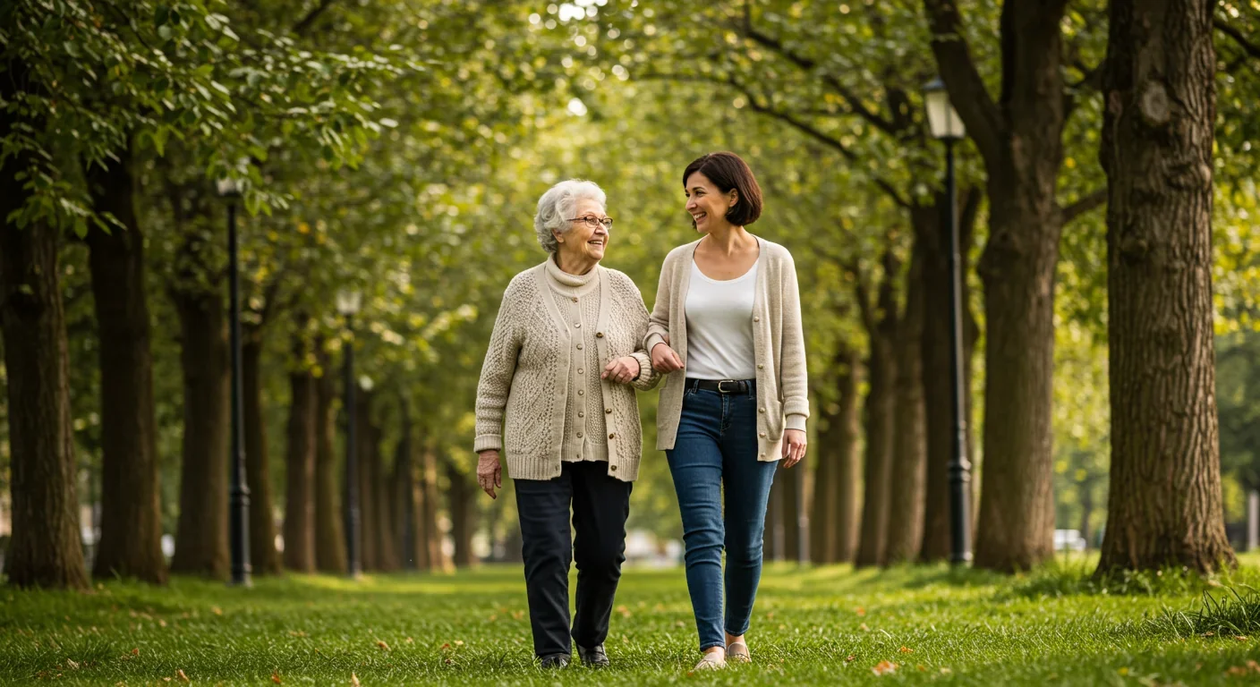 Elderly woman walking with daughter in urban park for exercise and fresh air