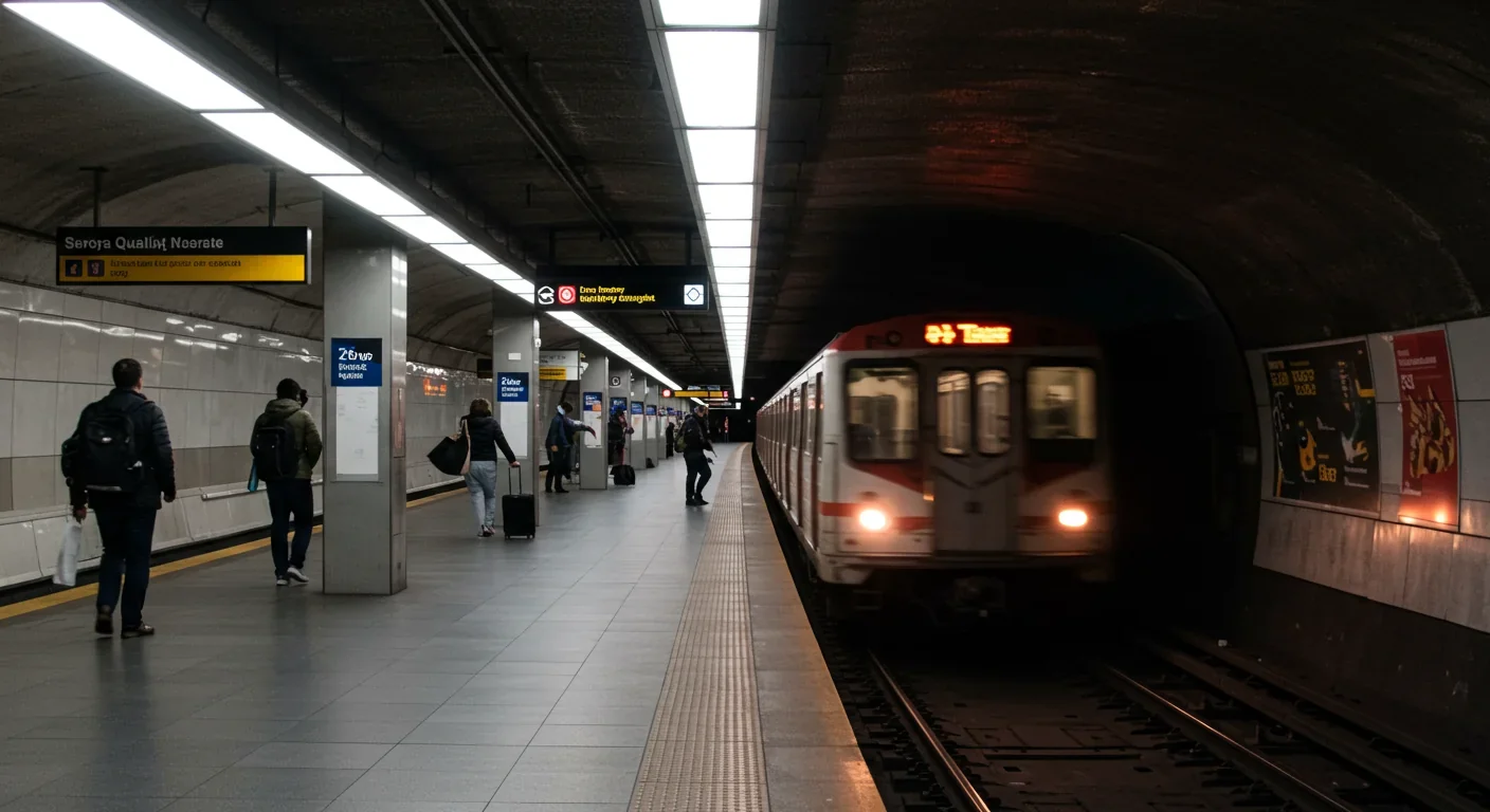 Subway train arriving at underground station platform with waiting commuters