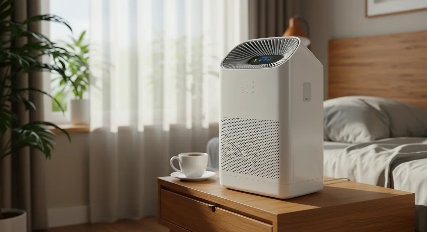 HEPA air purifier on bedside table filtering indoor air in modern bedroom