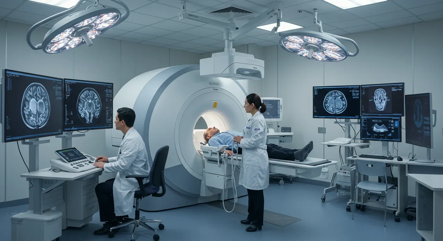 Patient undergoing MRI-guided focused ultrasound brain therapy in modern medical facility