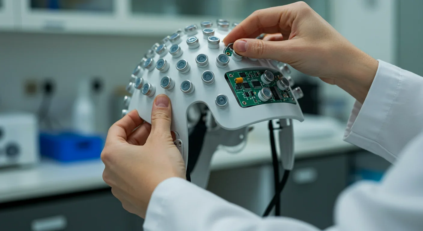 Researcher configuring 256-element helmet-shaped ultrasound transducer for brain neuromodulation