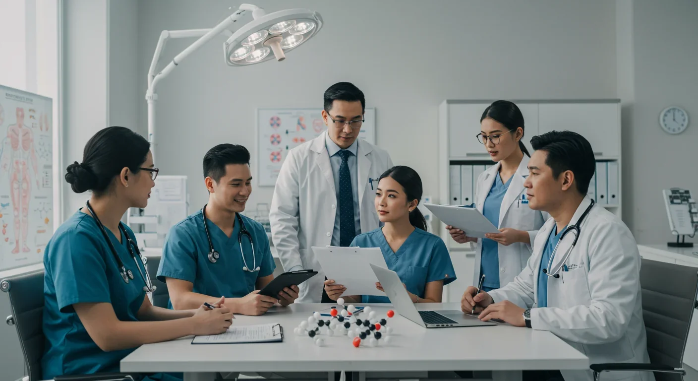 Healthcare professionals consulting with patients about venom-derived medications in modern medical clinic