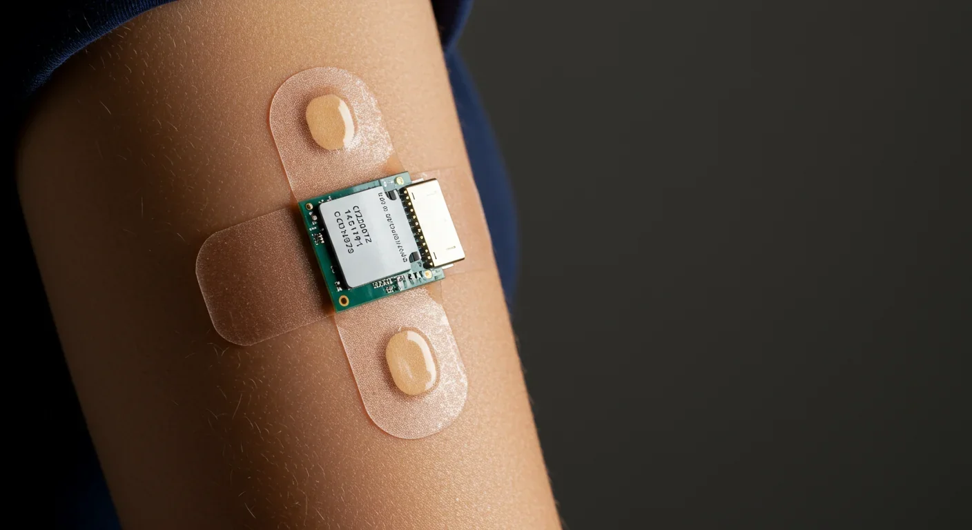 Modern wearable biosensor patch on upper arm showing flexible electronics for continuous health monitoring