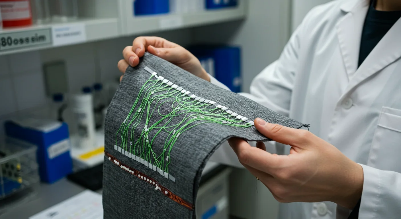 Smart textile fabric with integrated biosensor threads being examined by a researcher in laboratory setting