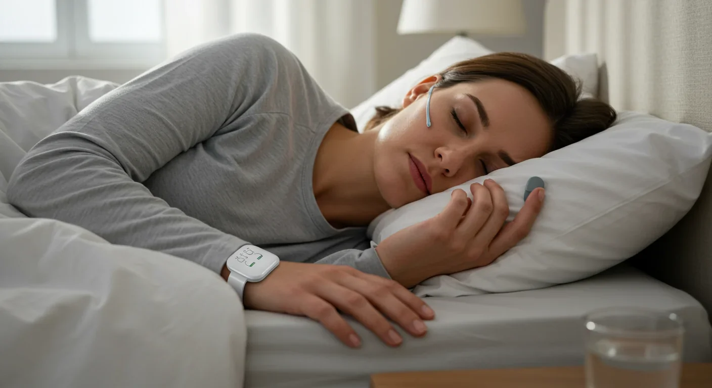 Person sleeping comfortably while wearing a non-invasive fingertip biosensor for sleep apnea detection