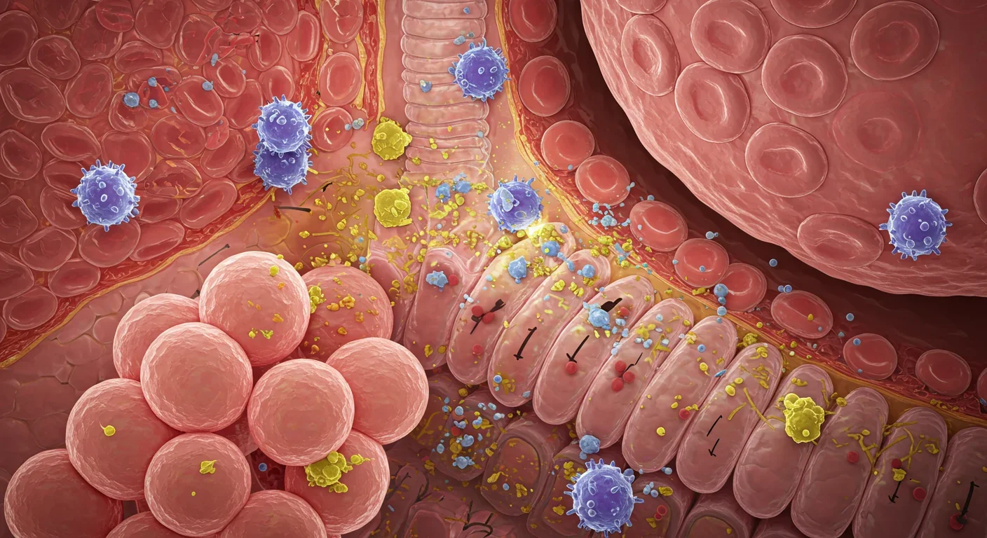 Medical illustration of PM2.5 wildfire particles penetrating lung tissue and triggering immune cell activation and inflammatory response