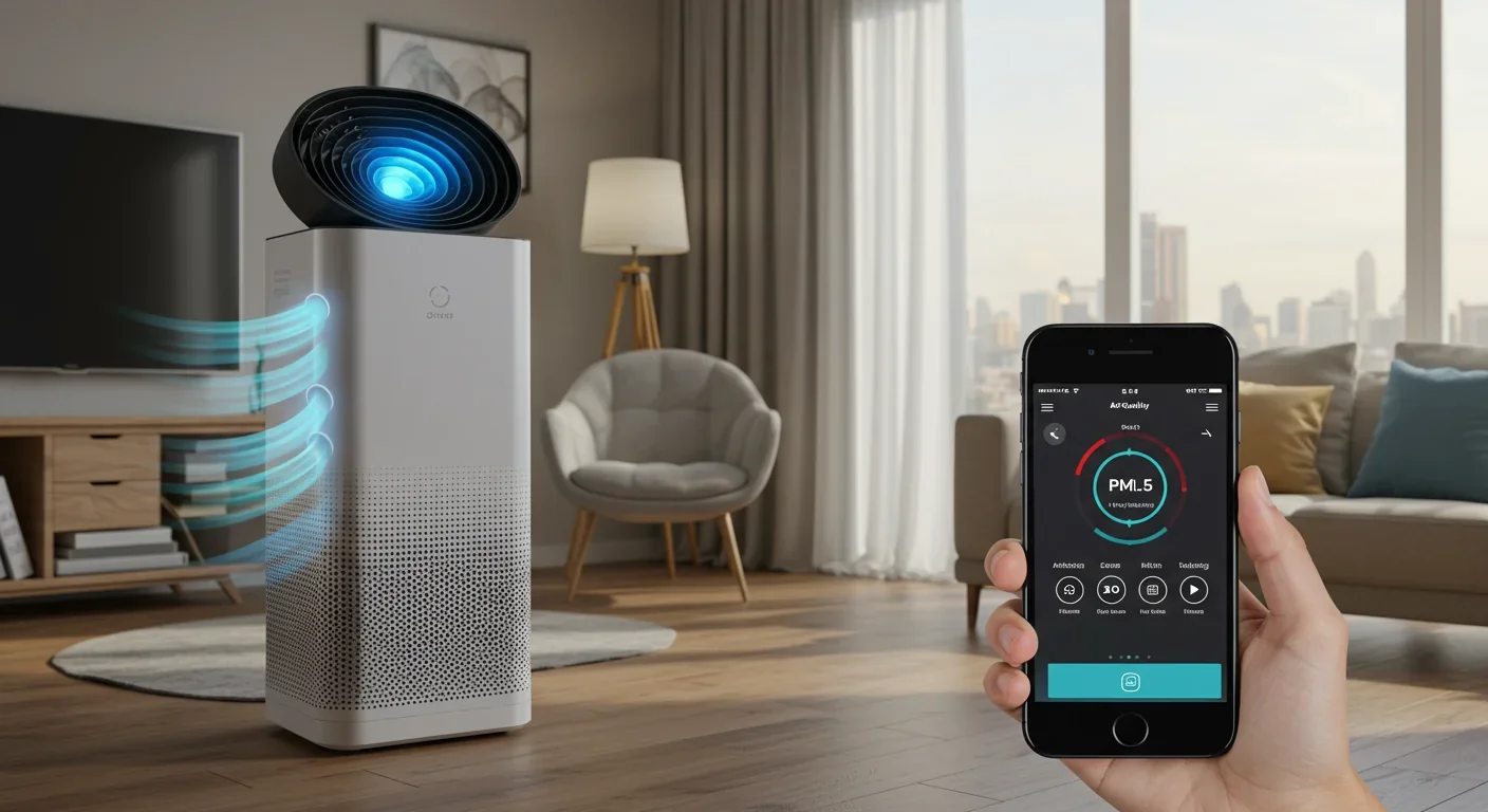 HEPA air filtration system running in home with smartphone air quality app monitoring PM2.5 levels during wildfire smoke event