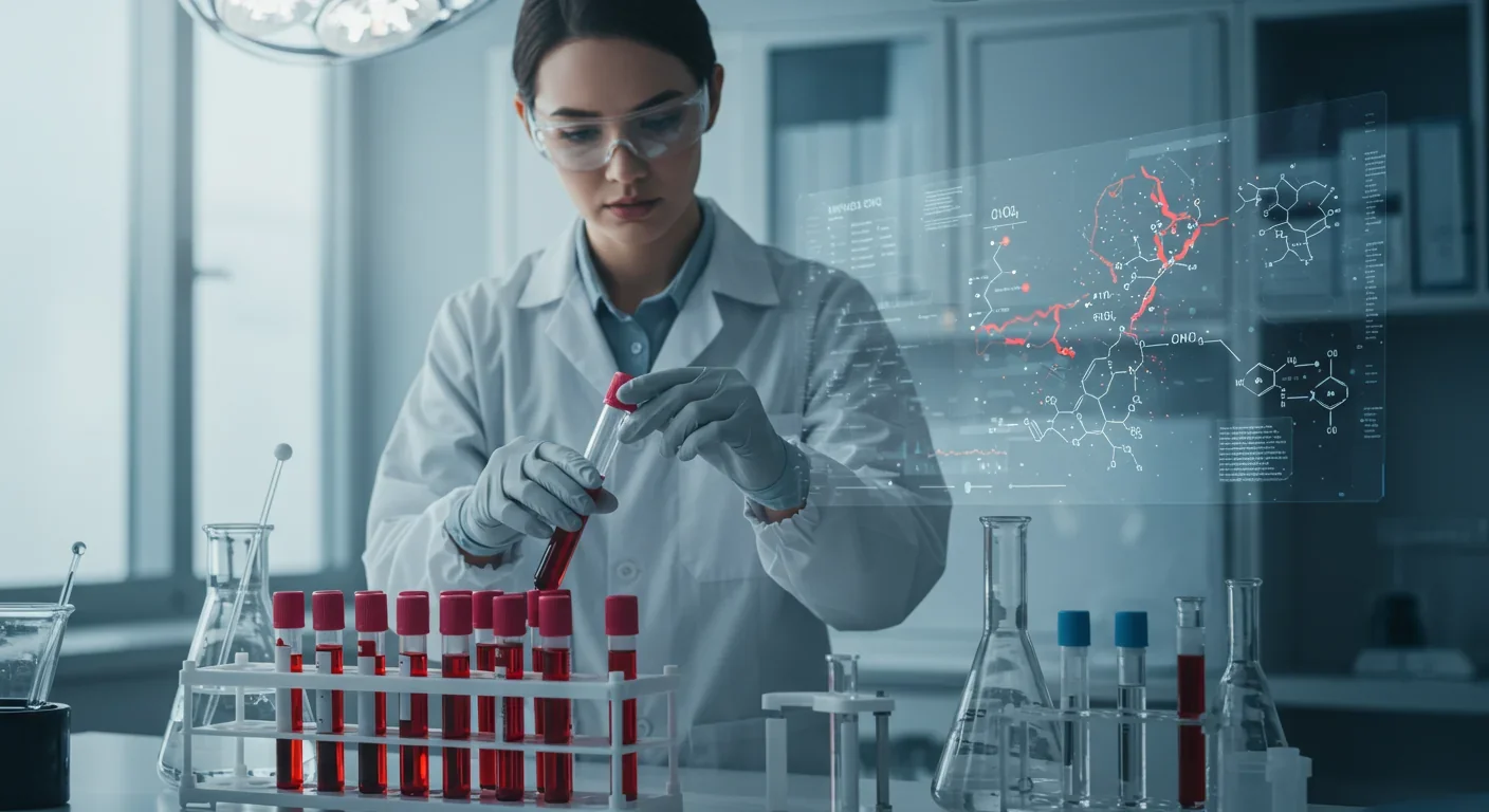 Medical researcher analyzing blood plasma samples in modern laboratory for aging research