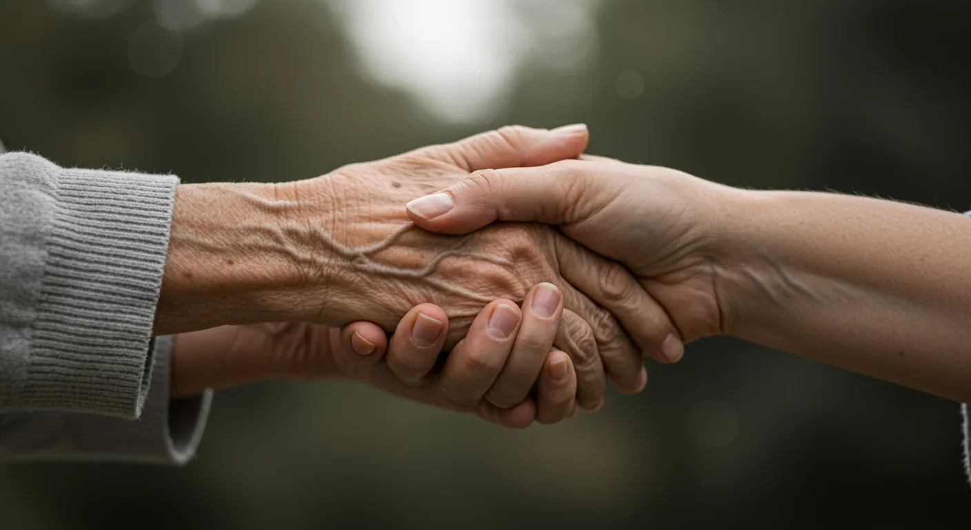 Elderly and young hands clasped together symbolizing intergenerational hope and connection in aging research