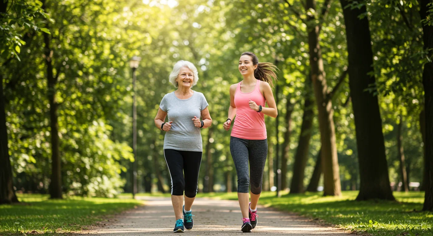 Elderly and young woman jogging together in park demonstrating healthy aging through exercise