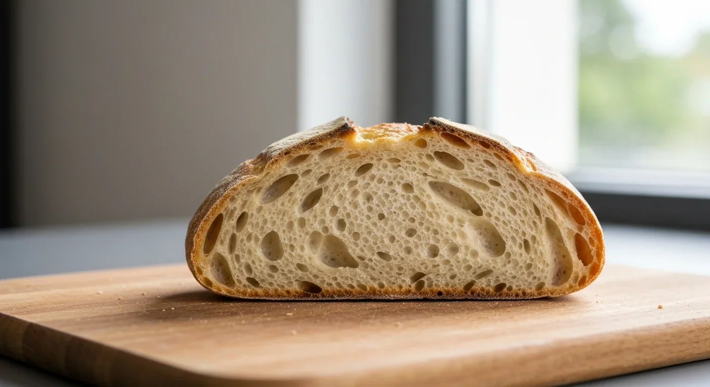 Cross-section of fresh sourdough bread showing detailed crumb structure on a wooden board