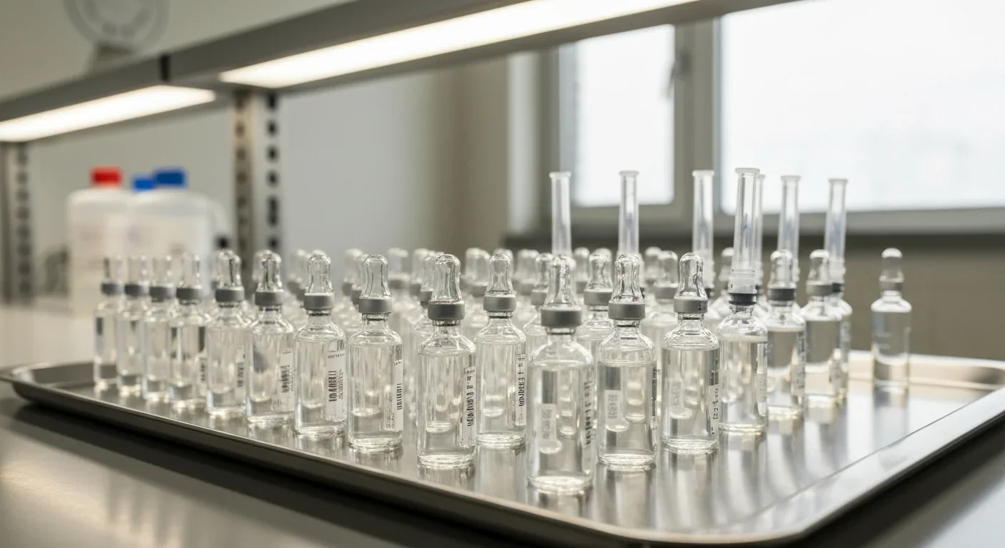 Medical vials and syringes arranged on a steel tray in a pharmaceutical laboratory